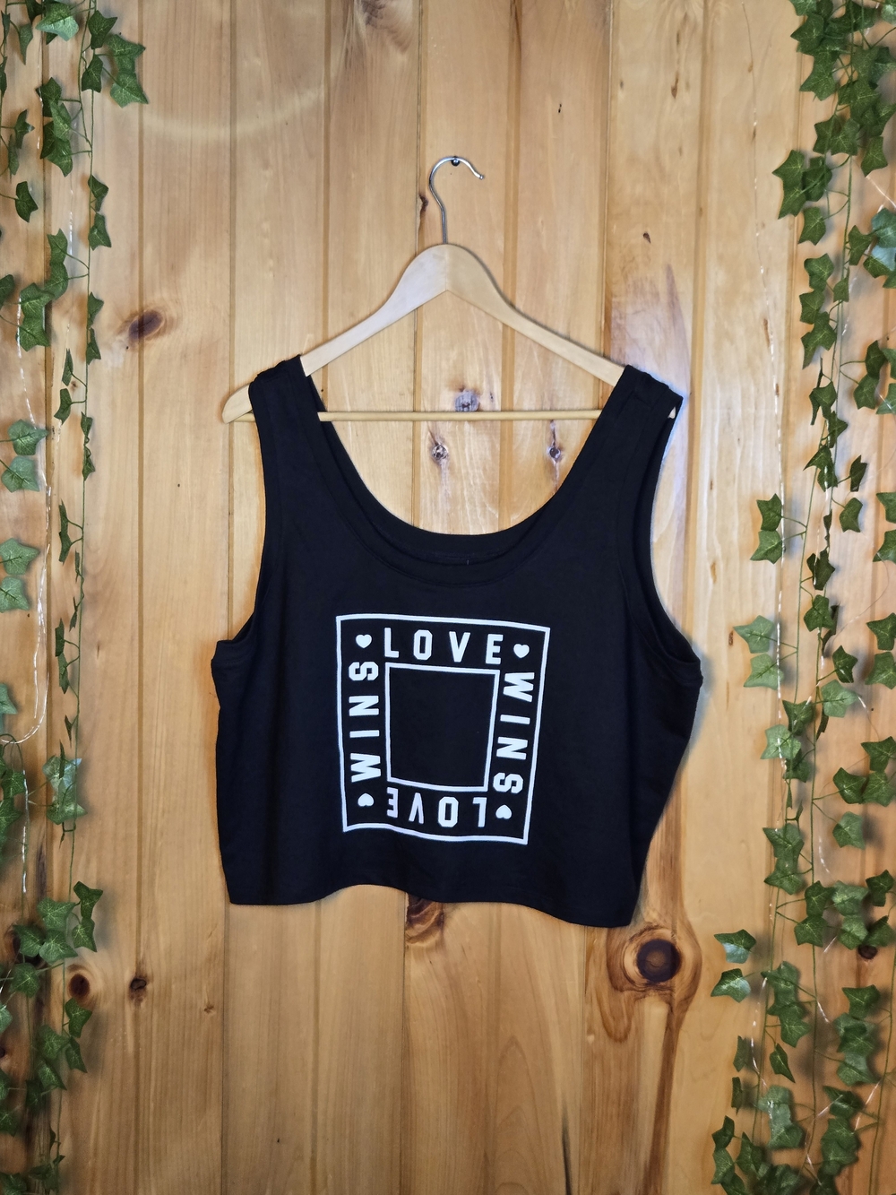 Mighty Fine Black Cropped Tank with White LOVE WINS Graphic